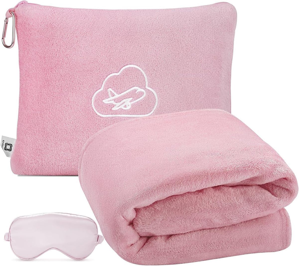 Travel Blanket Pillow,Airplane Blanket Compact with Bag Eye Mask, Ultra-Soft,Warm & Lightweight Included,Travel Essentials for Women & Men, Luggage Sleeve & Backpack Clip 65x40 in, Pink