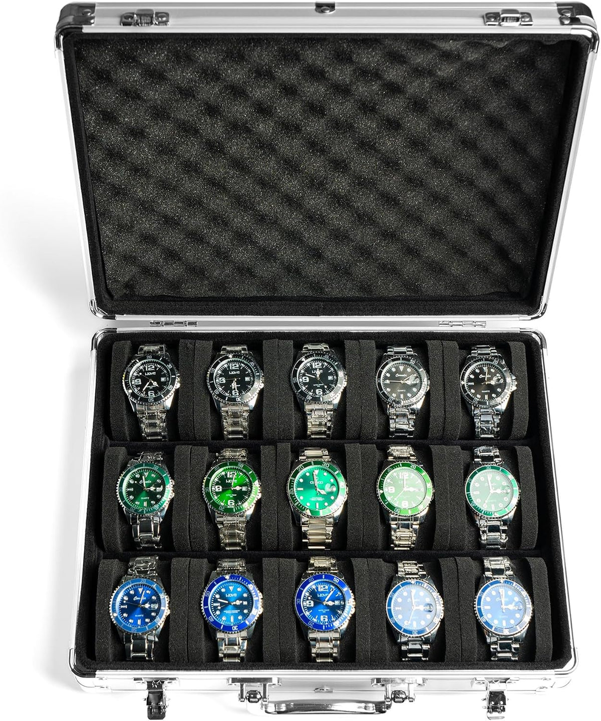 15 slots Watch organizer Case, Silver Aluminum watch storage box, hard watch travel box, padded case for watch display and organization