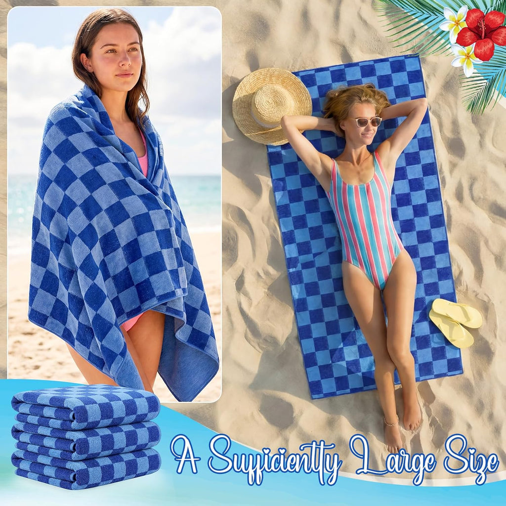Peryiter 6 Pcs Oversized Microfiber Beach Towels Large Quick Dry Pool Towels Absorbent Camping Travel Blanket Set for Women Men Bath Beach(Classic Plaid,28 x 59 Inch,Navy Blue)