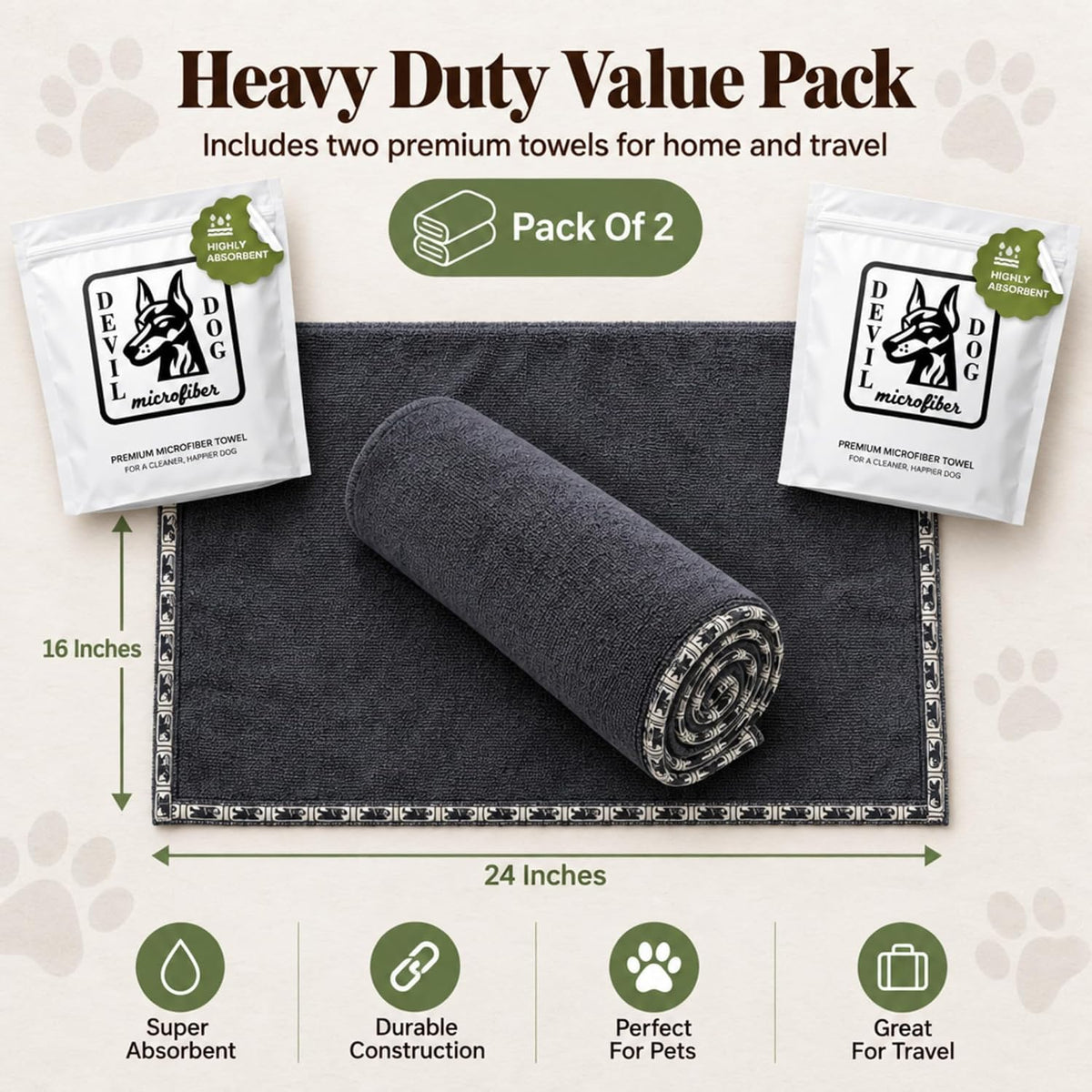 Premium Twisted Loop Drying Towels for Drying Dogs Small 16" x 24" Super Absorbent Microfiber Dog Bath Towel – Quick Dry, Soft – 1200 GSM Gray for Pets, Beach, Camping & Travel (Pack of 2)