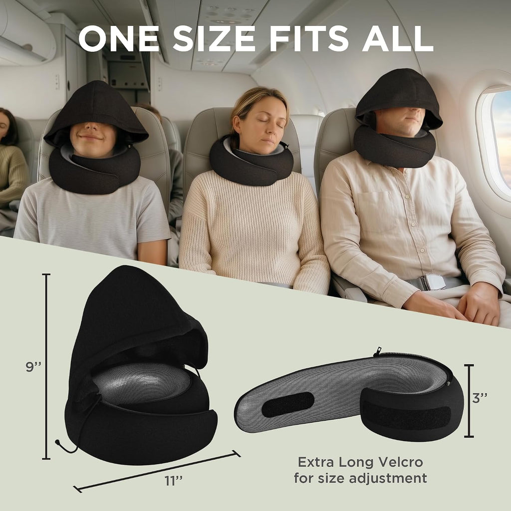 Dot&Dot Travel Pillow Neck Pillow with Hood for Airplane Sleeping, Memory Foam Pillow with Chin Support, Detachable Hoodie, Washable Cover, Adjustable Velcro Fit for Flights, Car & Office
