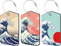 3 Pack PU Leather Luggage Tag for Suitcase Japanese Ocean Wave Suitcase Tags with Privacy Name ID Label and Stainless Steel Loop for Travel Bag