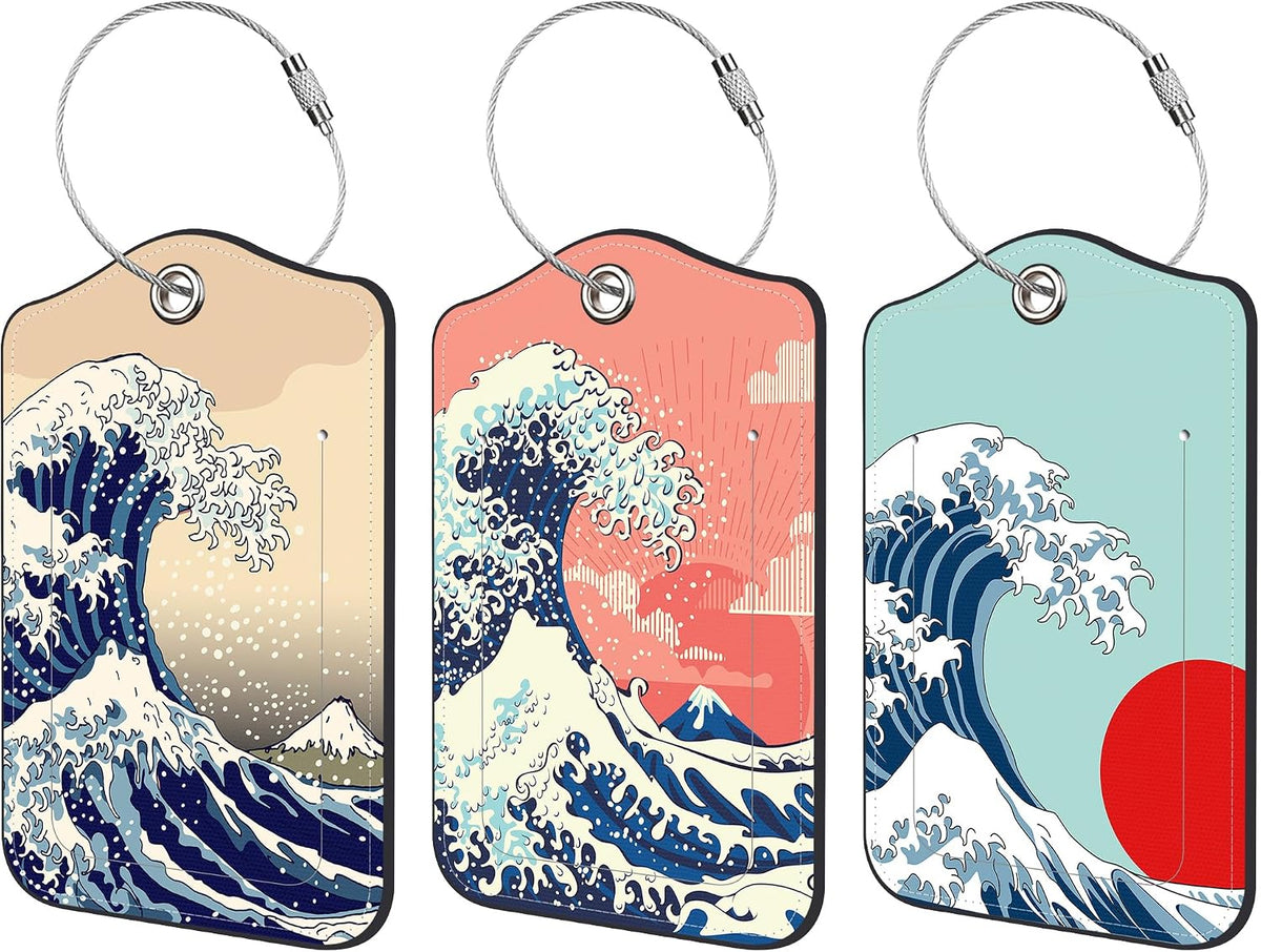 3 Pack PU Leather Luggage Tag for Suitcase Japanese Ocean Wave Suitcase Tags with Privacy Name ID Label and Stainless Steel Loop for Travel Bag