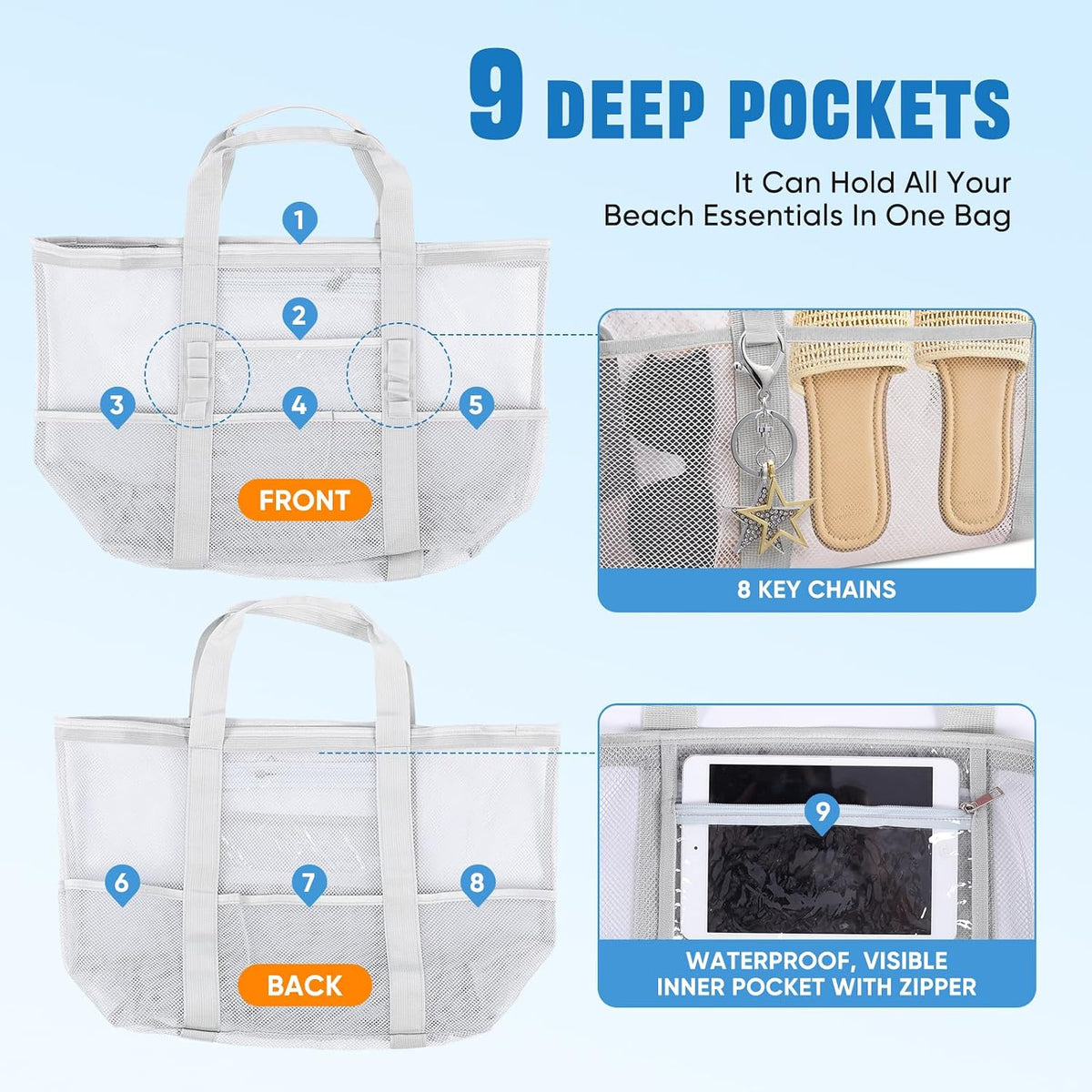 Large Mesh Beach Bag for Women, Sandproof 9-Pocket Beach Tote Bag, Quick-Drying Pool Bag for Travel Vacation