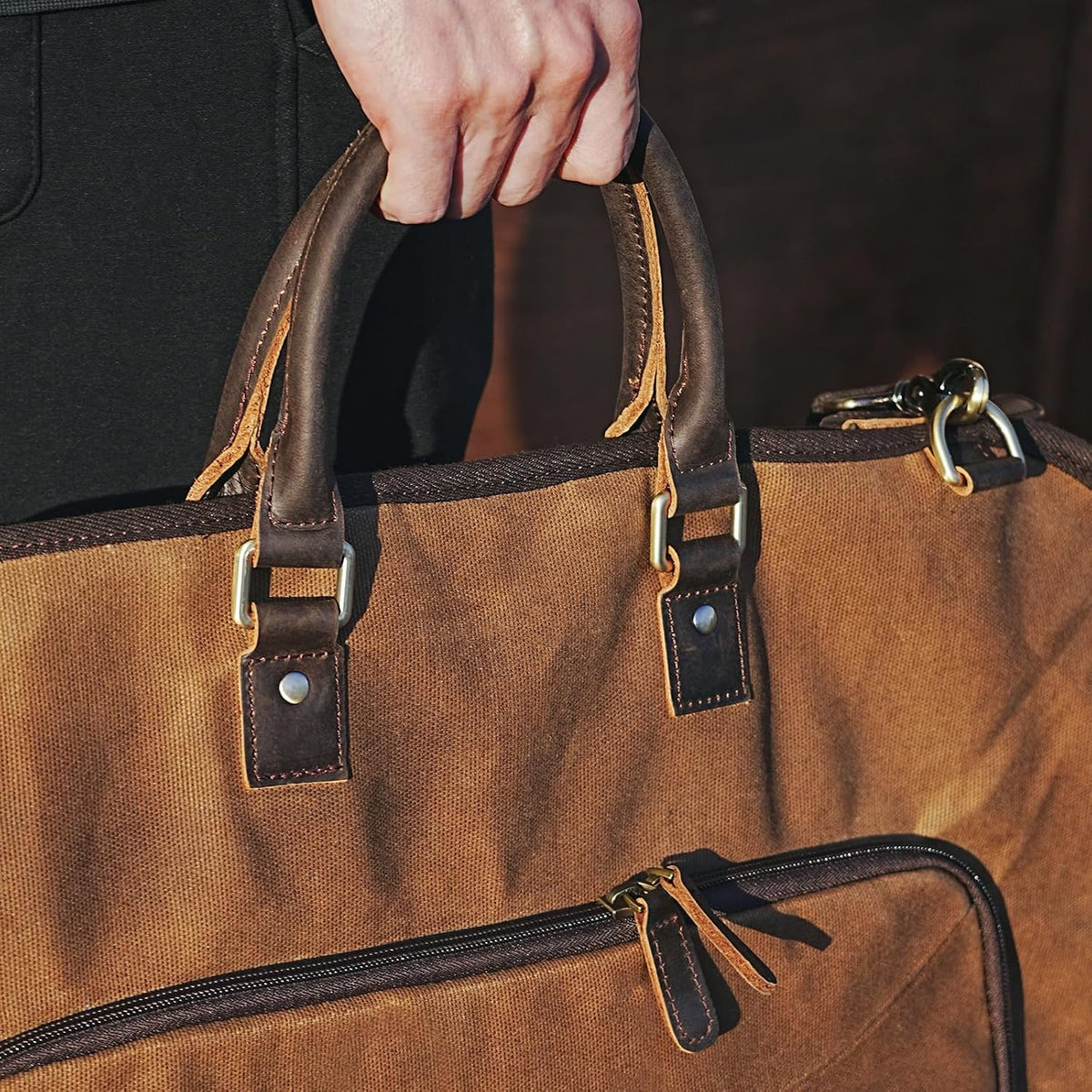 Polare Waxed Canvas Full Grain Leather Trim Garment Carry On Bag for Travel, Foldable Hanging Suitcase Weekender Dust-Proof Garment Waterproof Cover with YKK Zipper and Adjustable Strap