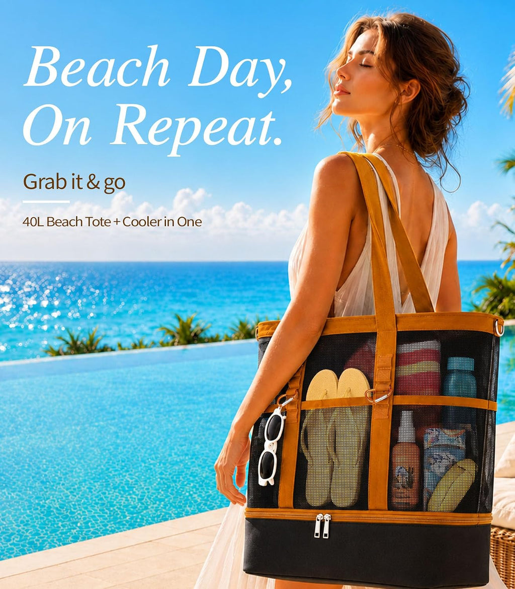 2-in-1 Mesh Beach Bag with Cooler for Women, Extra Large Beach Tote with Zipper, 11 Pockets, Adjustable Shoulder Strap