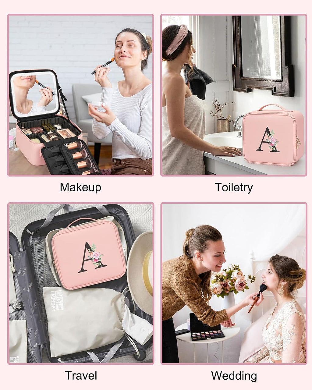 Relavel Initial Makeup Bag with LED Mirror for Women Girls, Personalized Travel Cosmetic Organizer Train Case, Birthday Gifts for Grandkids Bridesmaid Graduation Teacher Friends, Trendy Stuff, Pink O