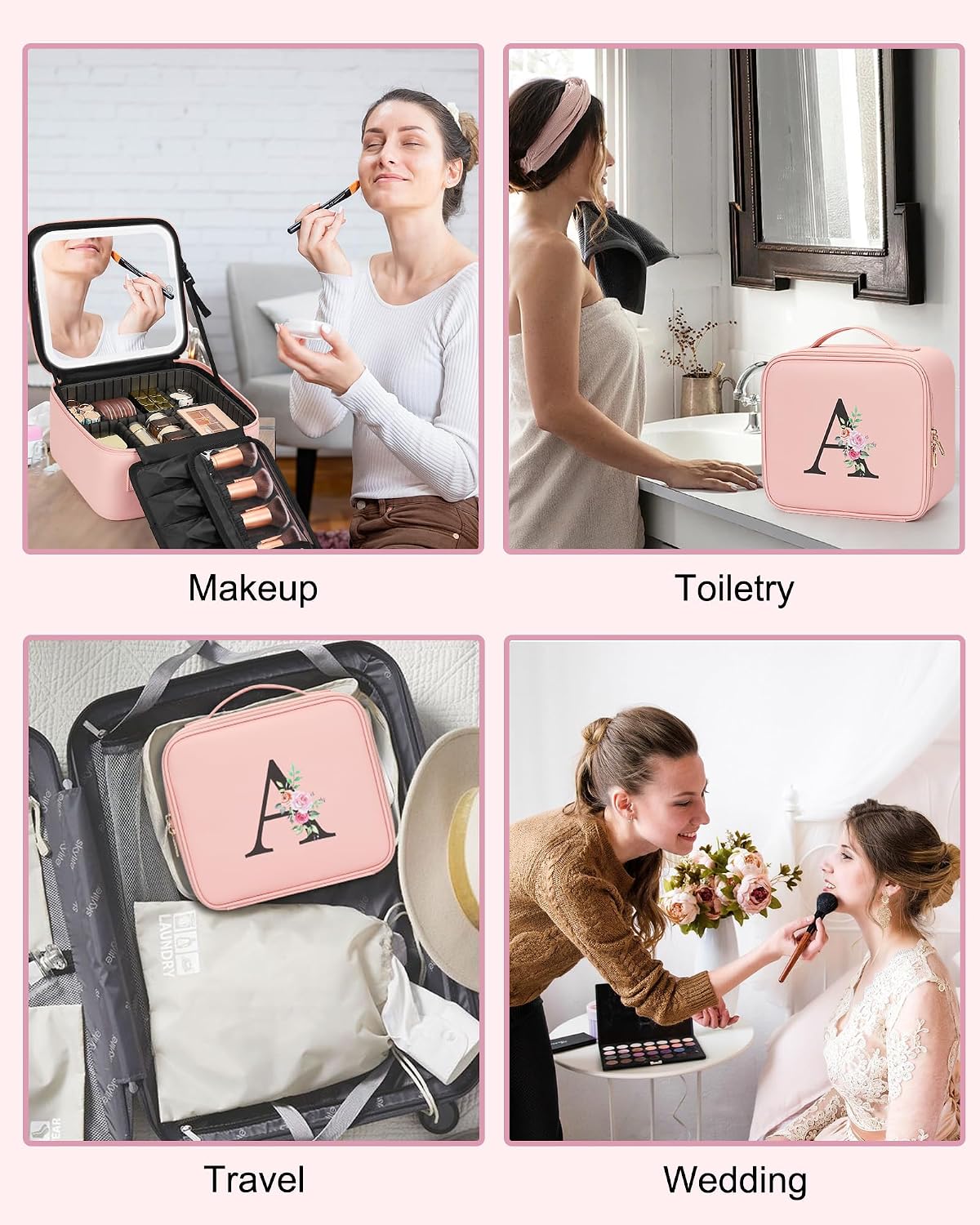 Relavel Initial Makeup Bag with LED Mirror for Women Girls, Personalized Travel Cosmetic Organizer Train Case, Birthday Gifts for Grandkids Bridesmaid Graduation Teacher Friends, Trendy Stuff, Pink O