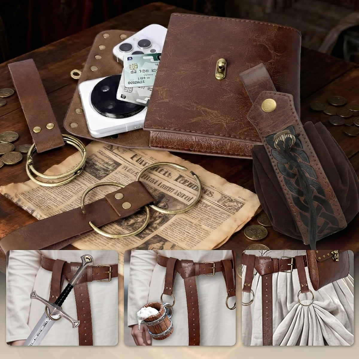 Renaissance Belt Pouch Medieval Pirate Costume Accessories Set for Cosplay