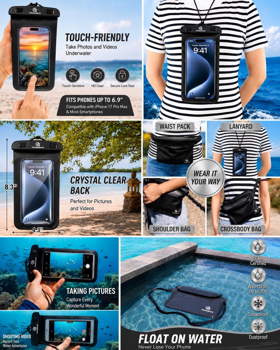 Freegrace 35L Waterproof Dry Bag Backpack, Phone Case & Waist Pouch, Black