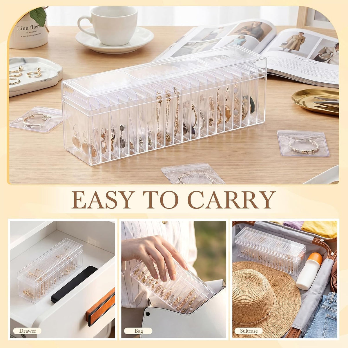 Kenning 126 Pcs Acrylic Jewelry Case Organizer, Clear Jewelry Organizers Holder with Portable Anti Tarnish Storage Bags for Rings, Earrings, Necklaces, Ideal Gifts for Women (Clear)