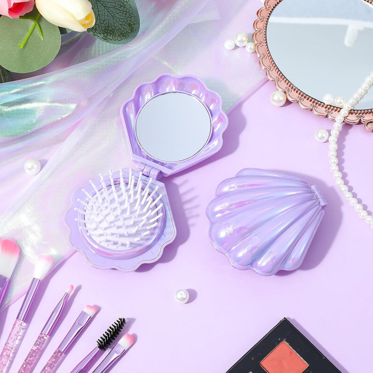 12 Pcs Foldable Shell Hair Brush with Mirror, Mermaid Party Favors Mini Travel Pocket Compact Hair Brush Makeup Comb for Women Girls Hairstyles Bridal Shower Gift Party Supplies (Purple)