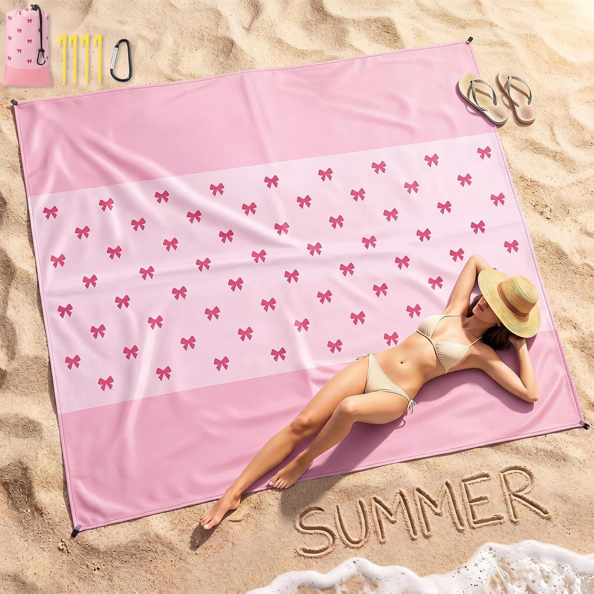 Tingjoo Beach Blanket 83"x79", Waterproof Sandproof Pink Bow with Stakes
