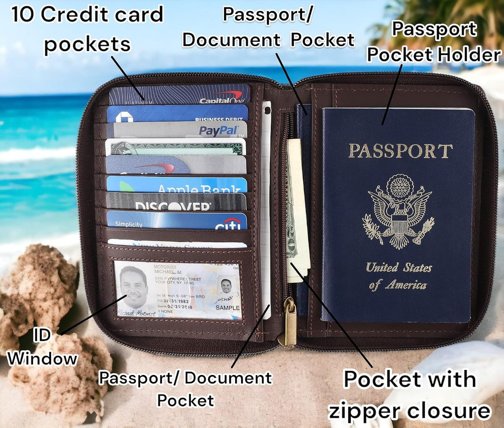 Passport Wallet - Travel Document Holder w/RFID Blocking – Full Grain Leather – Bifold compact zip around Wallet with Credit Card Slots for Women and Men,ostrich print,500-70