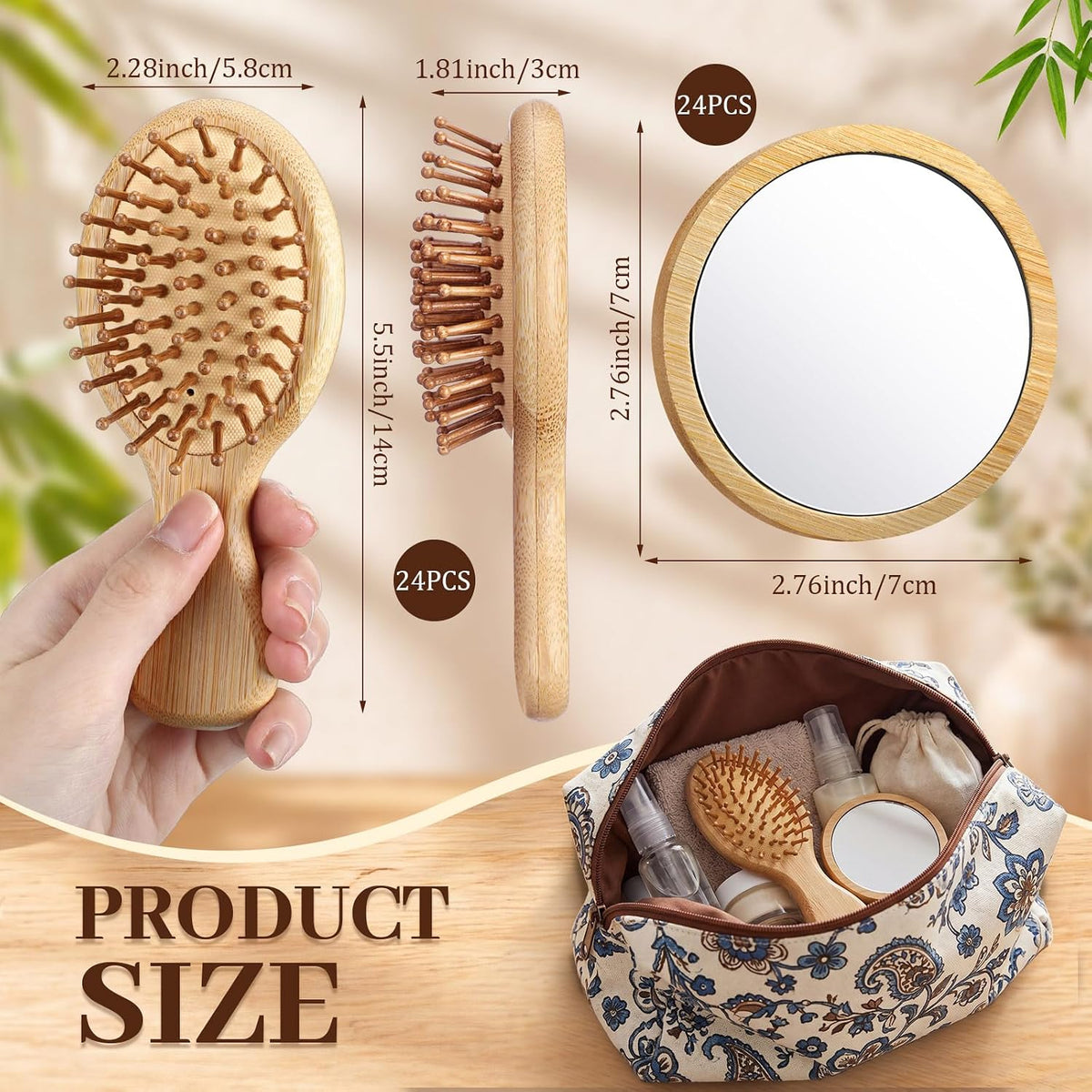 Meanplan Mini Bamboo Hair Brush Bulk with Mirror for Woman, 48 Pack, Oval