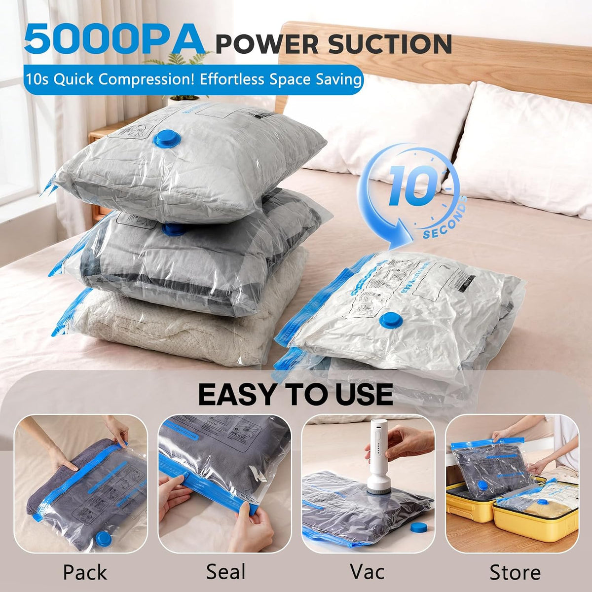 12 Combo Size Vacuum Storage Bags for Travel with Cordless Pump, Space Saver Bags for Clothes, Compression Packing Bags for Luggage,Blue