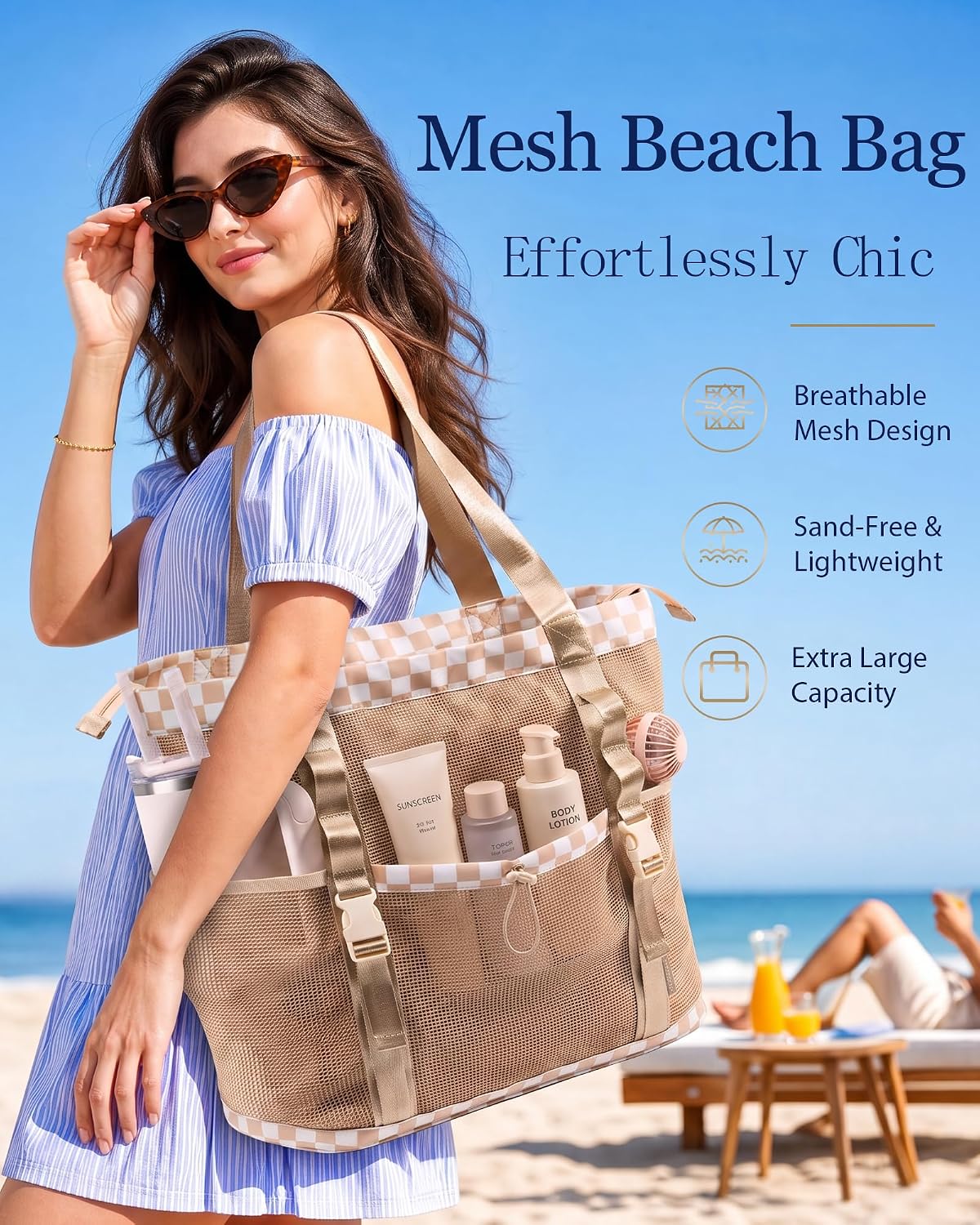 Large Beach Tote Pool Swim Bag for Women Sandproof with Wet Compartment