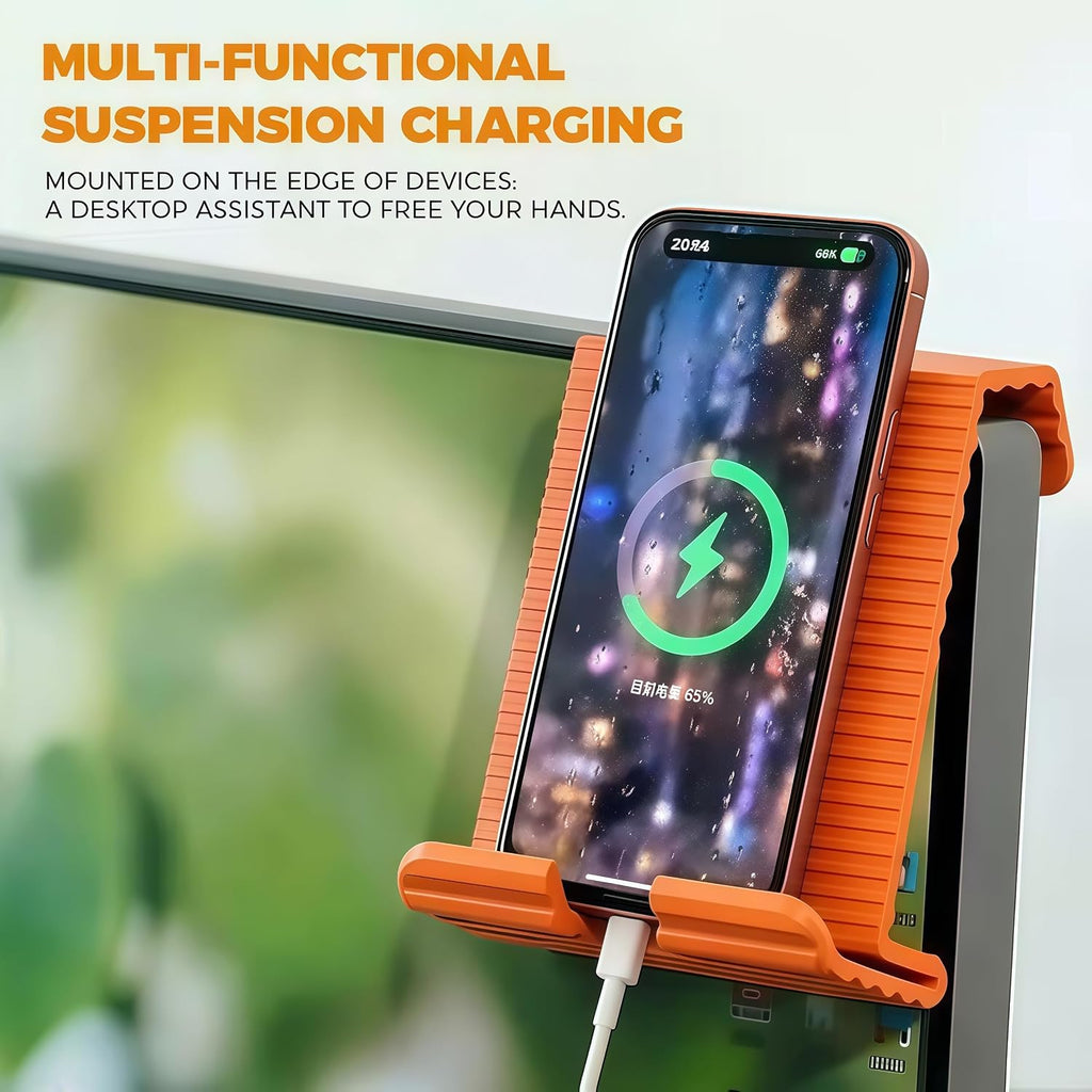Flexible Silicone Aluminum Phone Holder Tablet Stand with Charging Port Design, Foldable Airplane Laptop/Phone Stand for Home Office Travel (Orange)