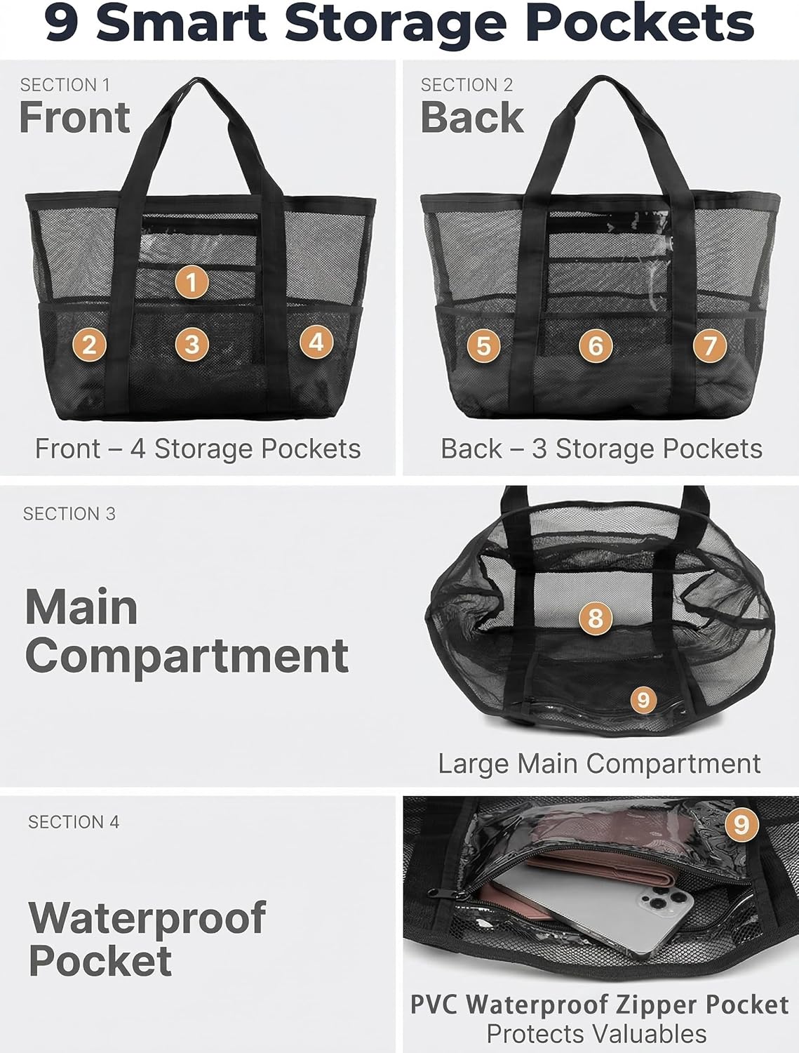 Mesh Beach Bag with 9 Pockets for Family Pool Days and Travel