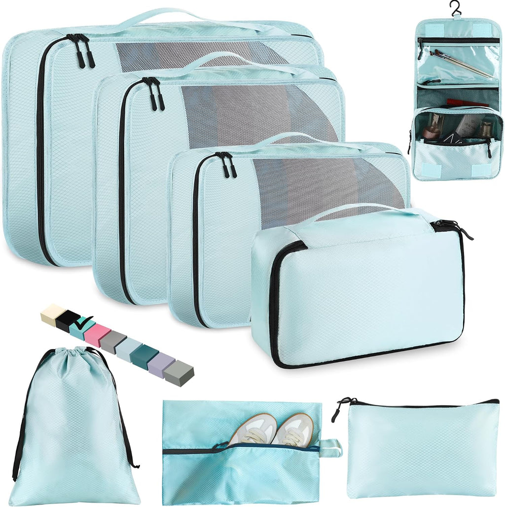 Toncoke 8-Piece Packing Cubes for Travel, 2026 Upgraded Durable Zippers & Reinforced Mesh, Complete Luggage Organizer Set with Shoe/Toiletry/Laundry Bags, 4 Sizes for Suitcase, Men Women, Lake Blue