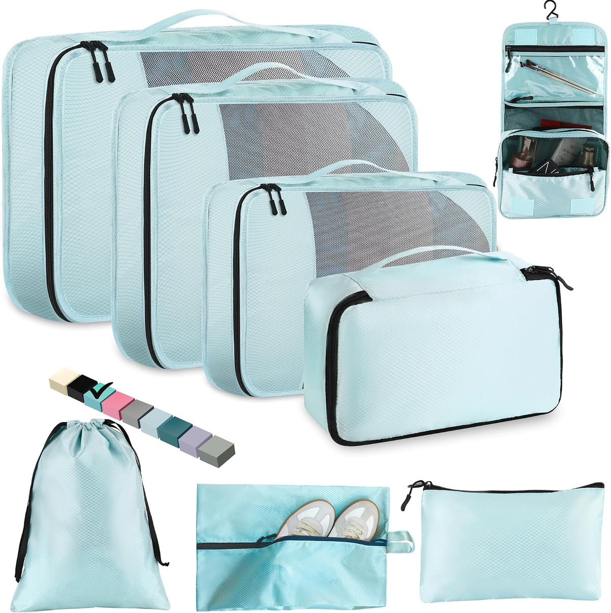 Toncoke 8-Piece Packing Cubes for Travel, 2026 Upgraded Durable Zippers & Reinforced Mesh, Complete Luggage Organizer Set with Shoe/Toiletry/Laundry Bags, 4 Sizes for Suitcase, Men Women, Lake Blue