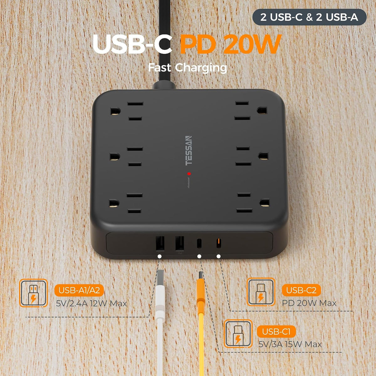 TESSAN Surge Protector Power Strip, 15Ft Flat Plug Extension Cord, Black