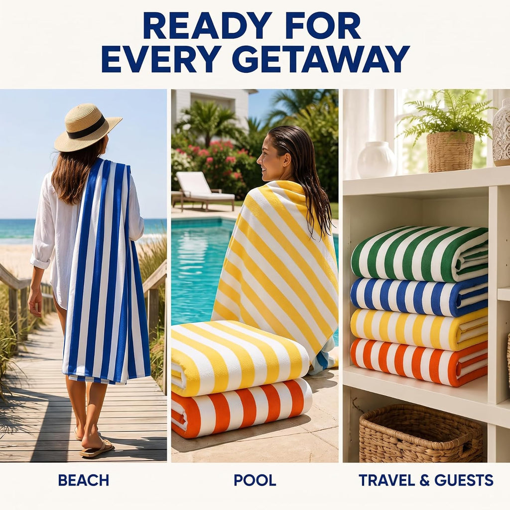 Breling 12 Pack 100% Cotton Oversized Cabana Stripe Beach Towels 30" x 60"