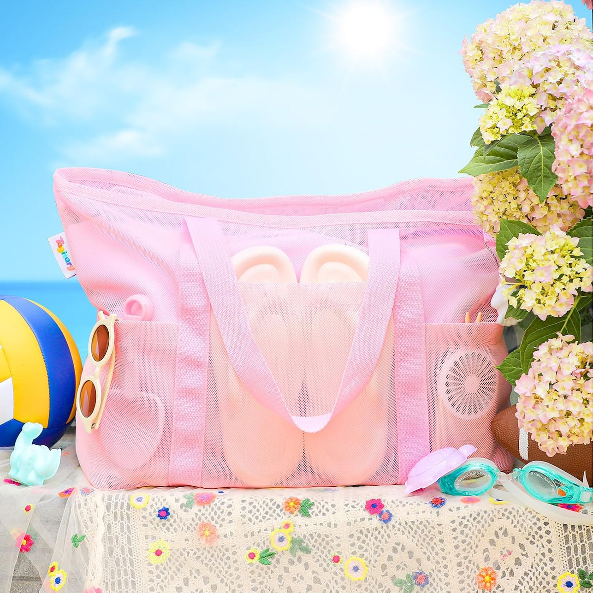 Tagitary Mesh Beach Bag with Zipper and 8 Pockets Yellow & Pink, Large Beach Tote Waterproof Sandproof for Camping Sports Pool Swim Bag Foldable Beach Accessories Storage Travel Bag