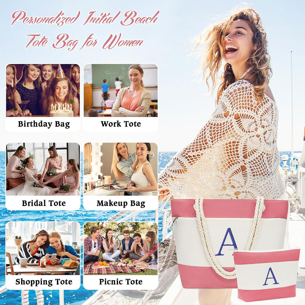 YOOLIFE Birthday Gifts for Women, Initial Canvas Beach Tote Bags for Women