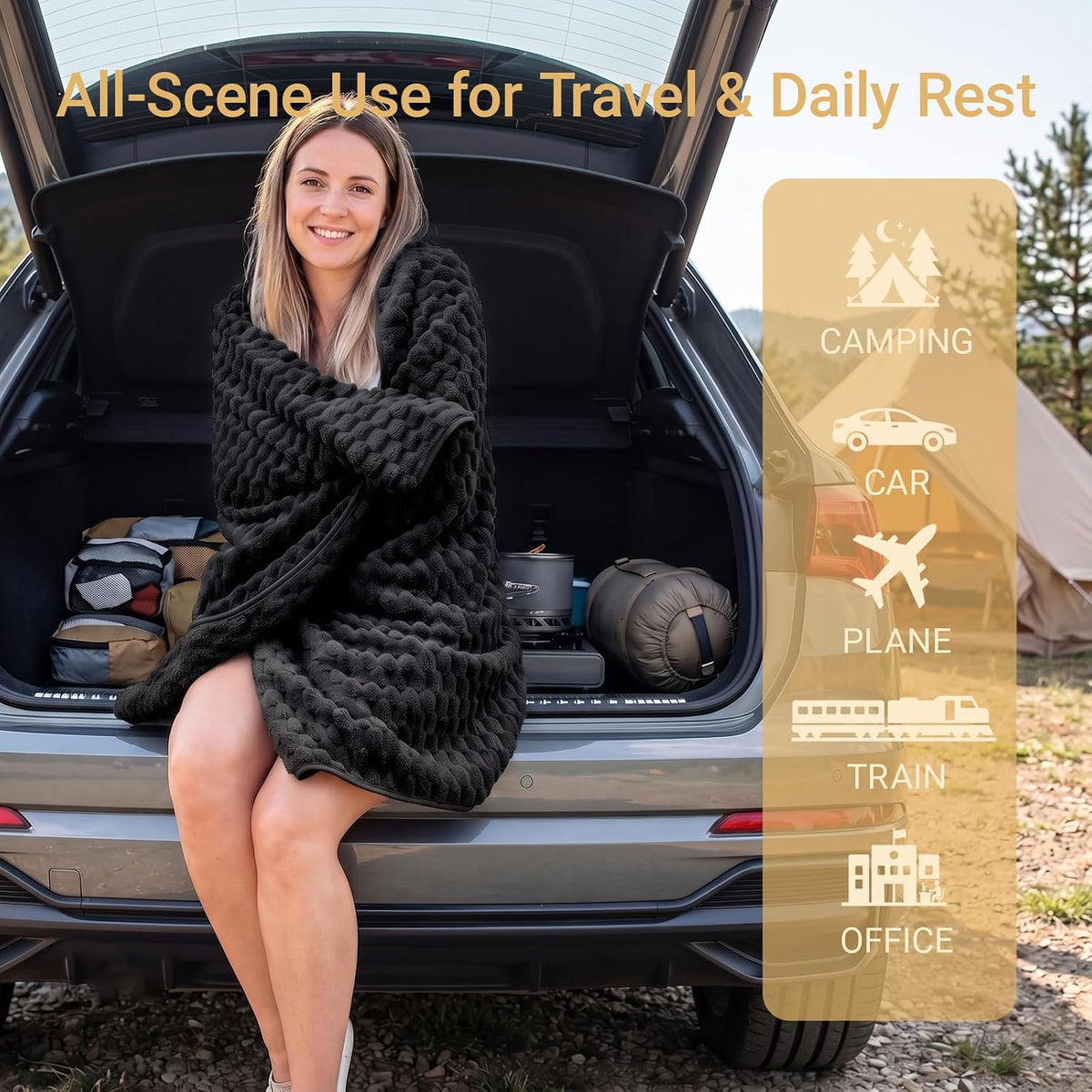 Travel Blanket with Bag, Soft Fleece Portable Airplane Blanket, Black