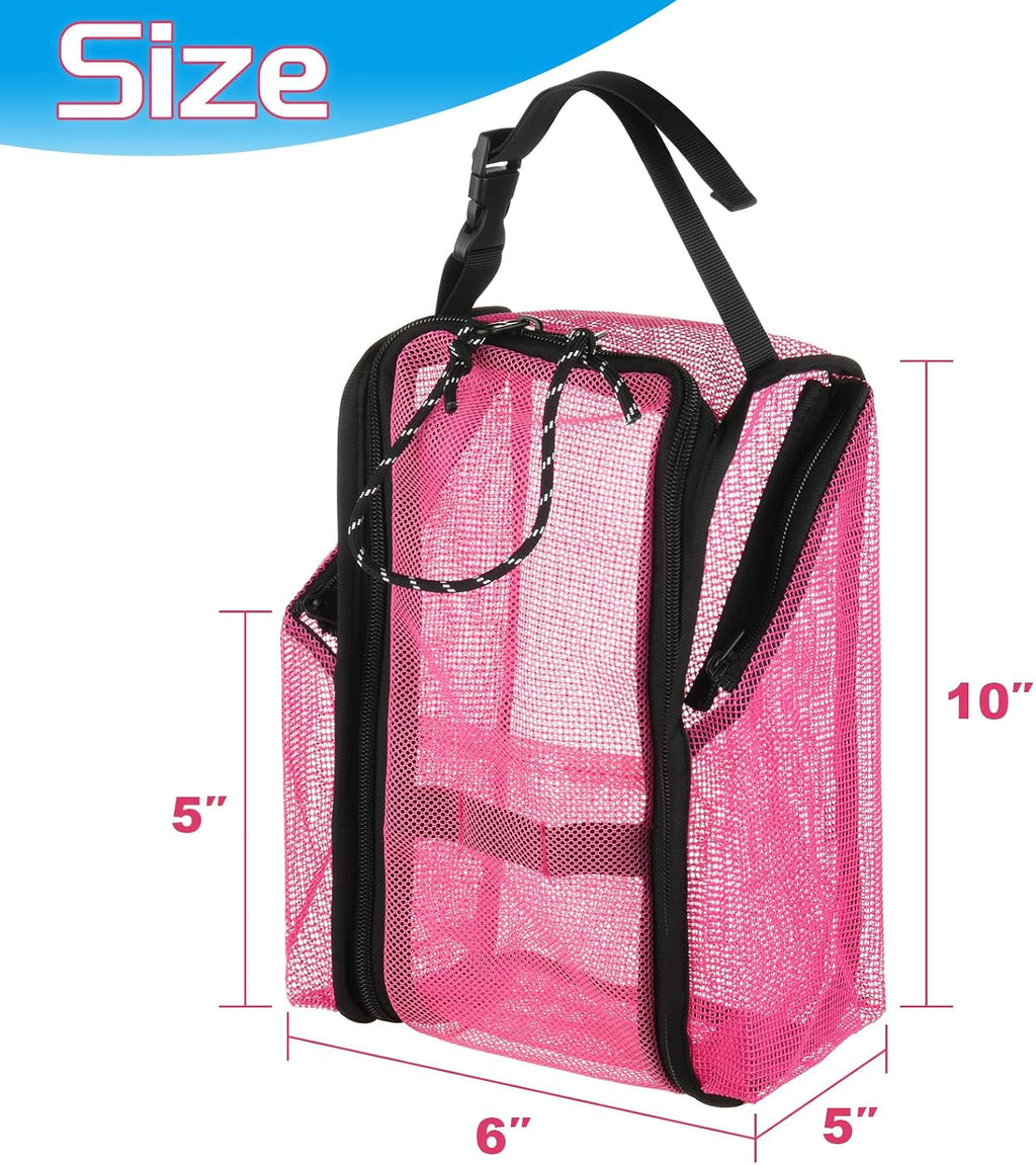 Cosmos Mesh Shower Caddy Toiletry Organizer Hanging Shower Tote Bag, Quick Dry Shower Organizer Portable Bath Bag with Durable Zippers & Side Pockets for Travel Gym Swimming Beach & Camp (Hot Pink)