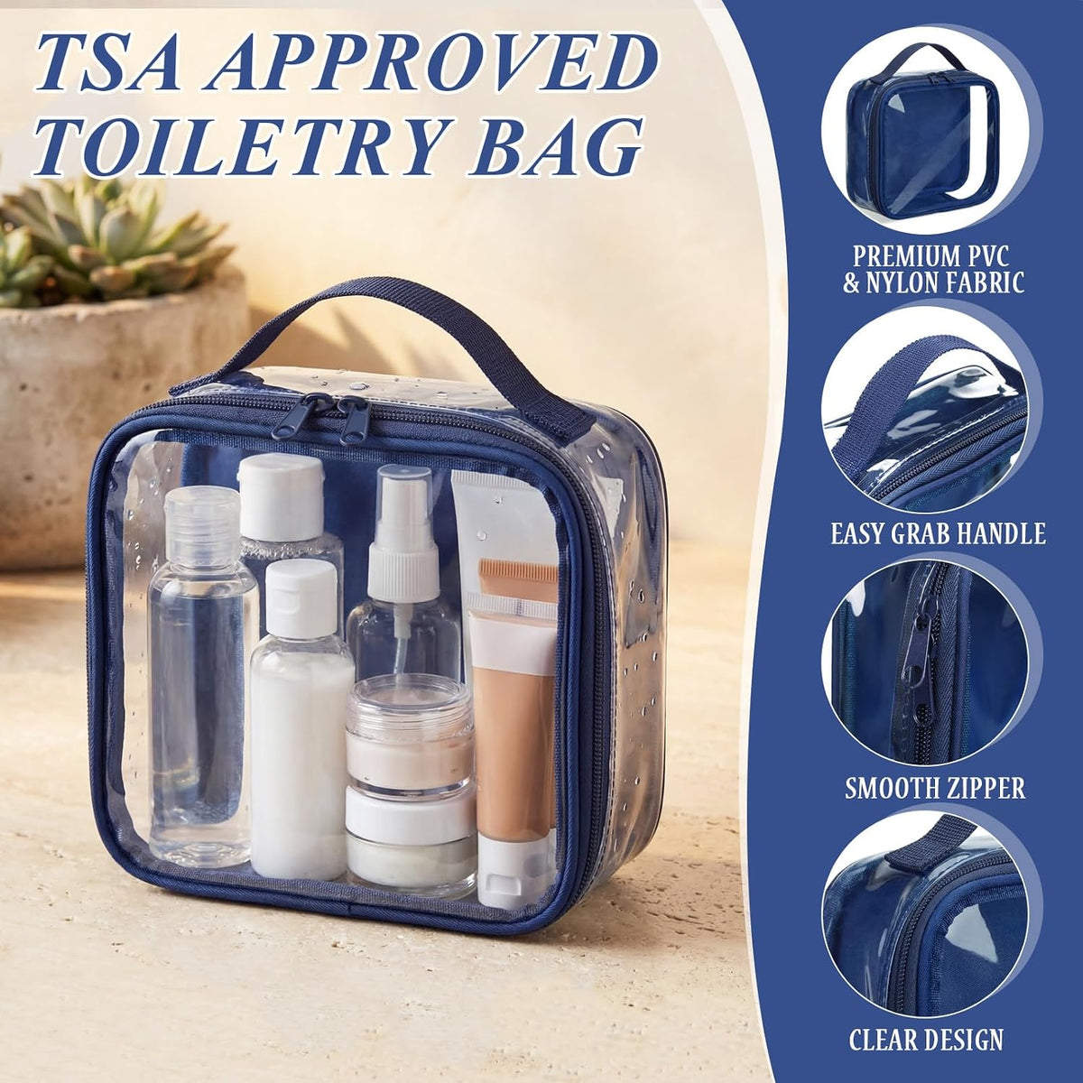 Abbylike 3 Pcs Small Toiletry Bags Reusable Quart Size Travel Liquid Pouch Single-sided Clear PVC Carry-on Organizer with Handle Cosmetic Bags for Airport Security Women Men(Navy Blue)