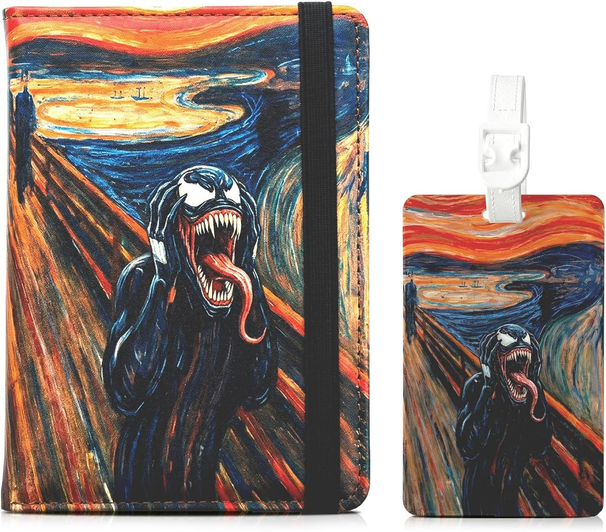Travel Passport Holder and Luggage Tag Set PU Leather Passport Wallet Case, Funny Art Mashup Design Stylish Travel Accessories for Men and Women, Gift for Travelers
