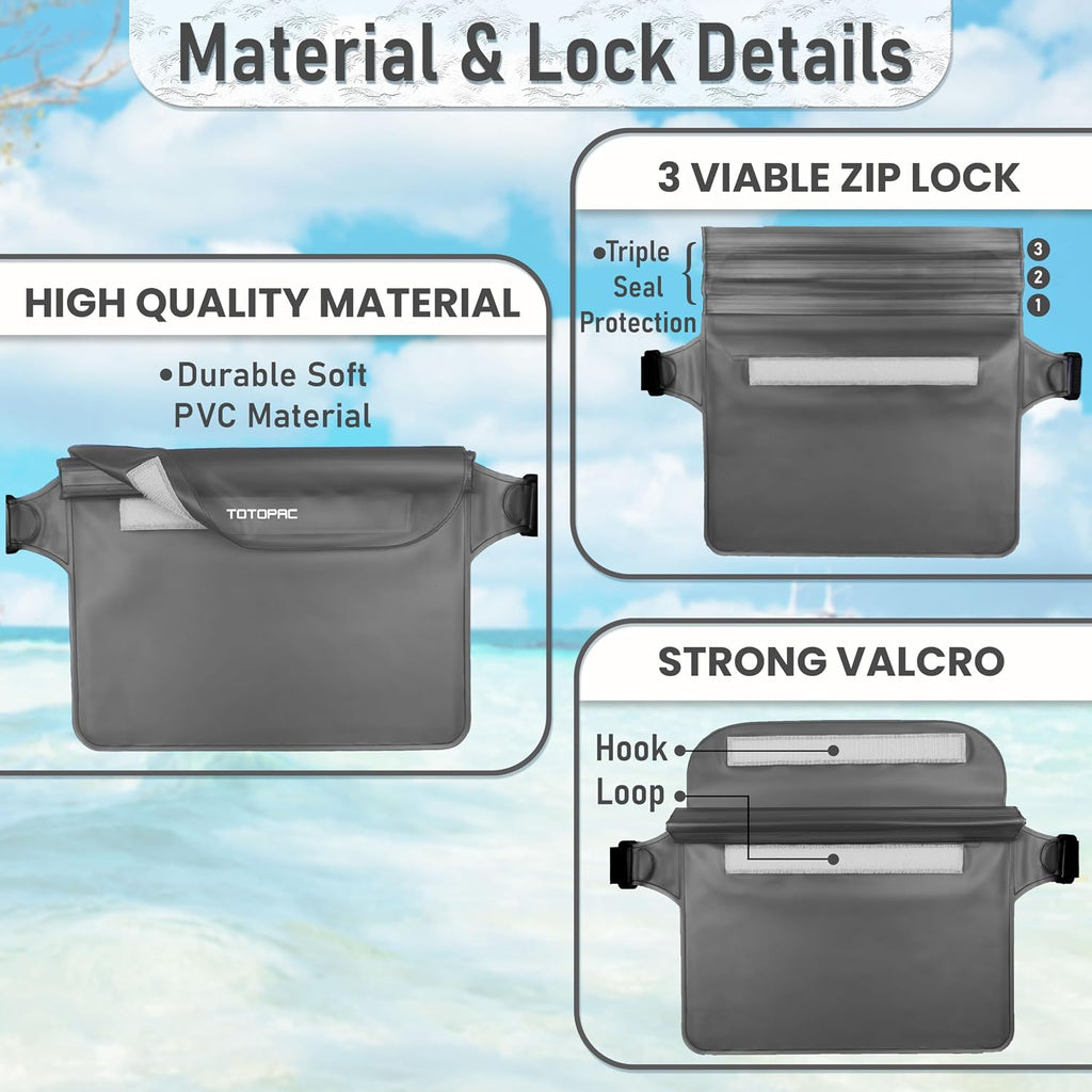 2-Pack Waterproof Fanny Pack, Phone Pouch with Waist Strap, 9x6.7 Inch Dry Bag for Phone, Cash, and Valuables – for Swimming, Kayaking, Boating, Snorkeling, and Water Sports (2, Grey + Blue)
