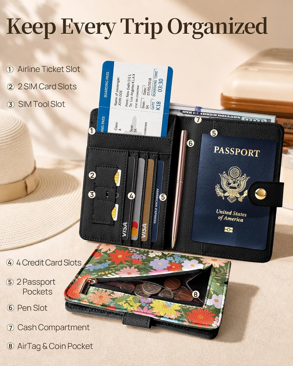 Slohif RFID Passport Holder for Travel with Airtag Hidden Slot Playful Cat