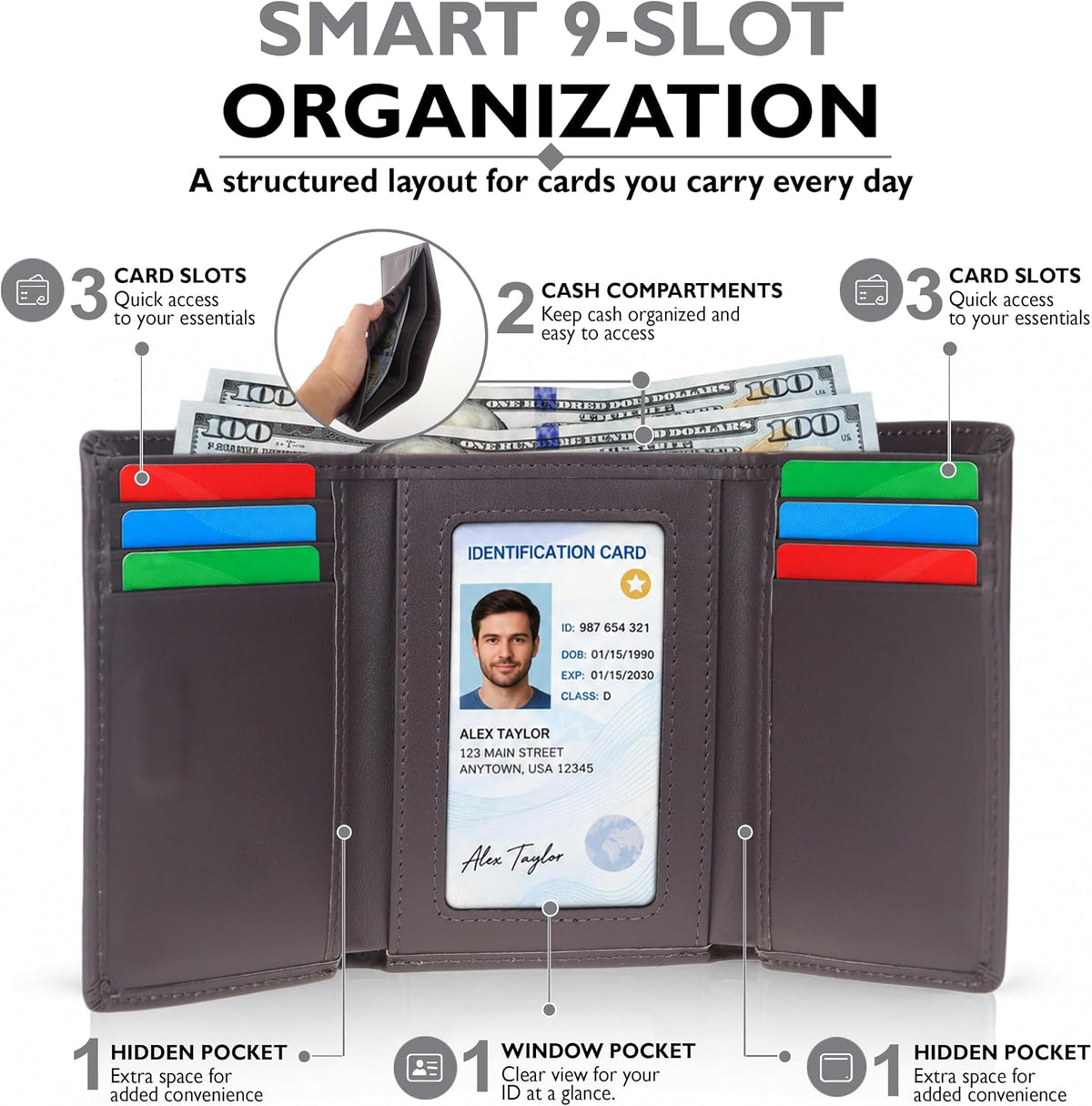 RFID Trifold Wallet for Men Genuine Napa Leather, Magnetic Closure