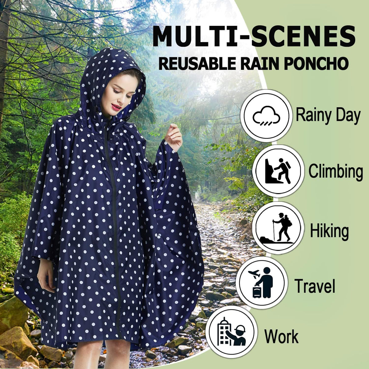 Waterproof Rain Poncho Hooded Outdoor Raincoat with Zipper Pockets