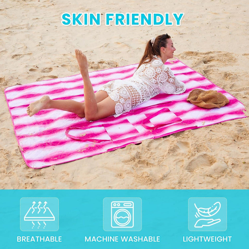 #WEJOY 3 in 1 Beach Blanket Waterproof Sandproof, Padded 3 Layers Outdoor Picnic Blanket Bag, 80x60'', 4 Person, Easy to Fold, Waterproof for Lawn,Camping, Park (Pink)