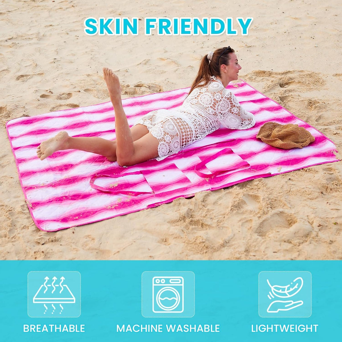 #WEJOY 3 in 1 Beach Blanket Waterproof Sandproof, Padded 3 Layers Outdoor Picnic Blanket Bag, 80x60'', 4 Person, Easy to Fold, Waterproof for Lawn,Camping, Park (Pink)