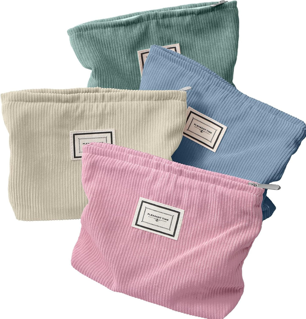 Sanwuta 4 Pcs Velvet Corduroy Makeup Bag, 10x7x2'', Light Color