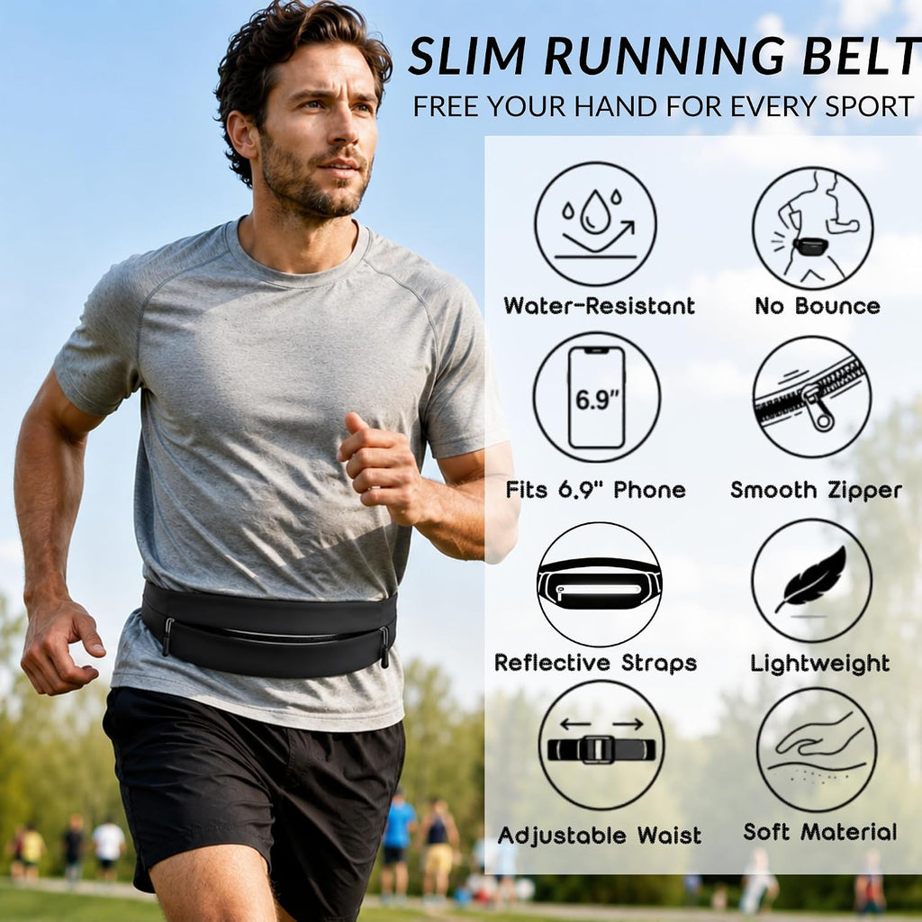 Running Belt for Men Women, Water-resistant Fanny Pack with 3 Zipper Pockets & Reflective Safety Strips, Adjustable Waist Pack Jogging Pouch for Phone, Keys & Essentials (Black, X-Large)