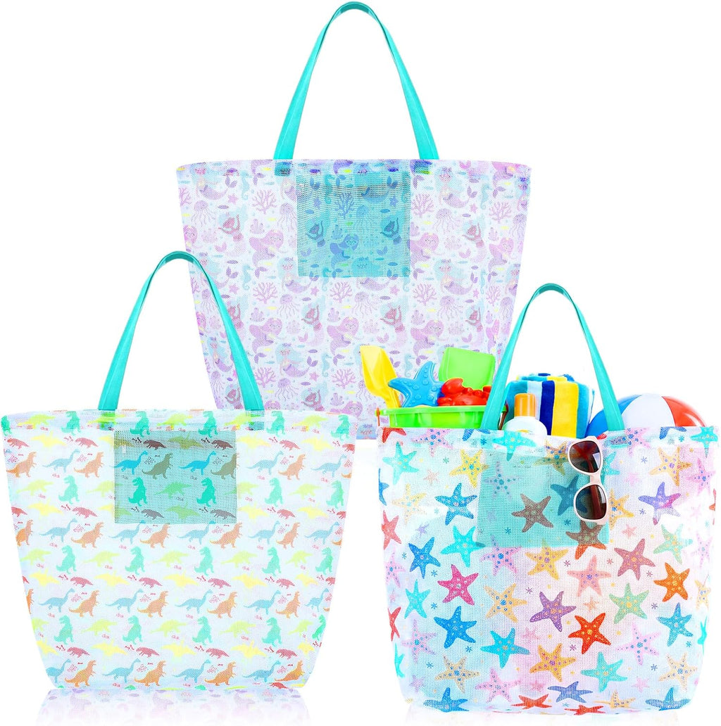 3 Pcs 3 Pcs Mesh Beach Bags Portable Mesh Shower Beach Toy Bag With Drawstring Extra Large Tote Hanging Toiletry Bath Organizer for Camping Swimming Gym Travel (Muti Color,Animal Style)