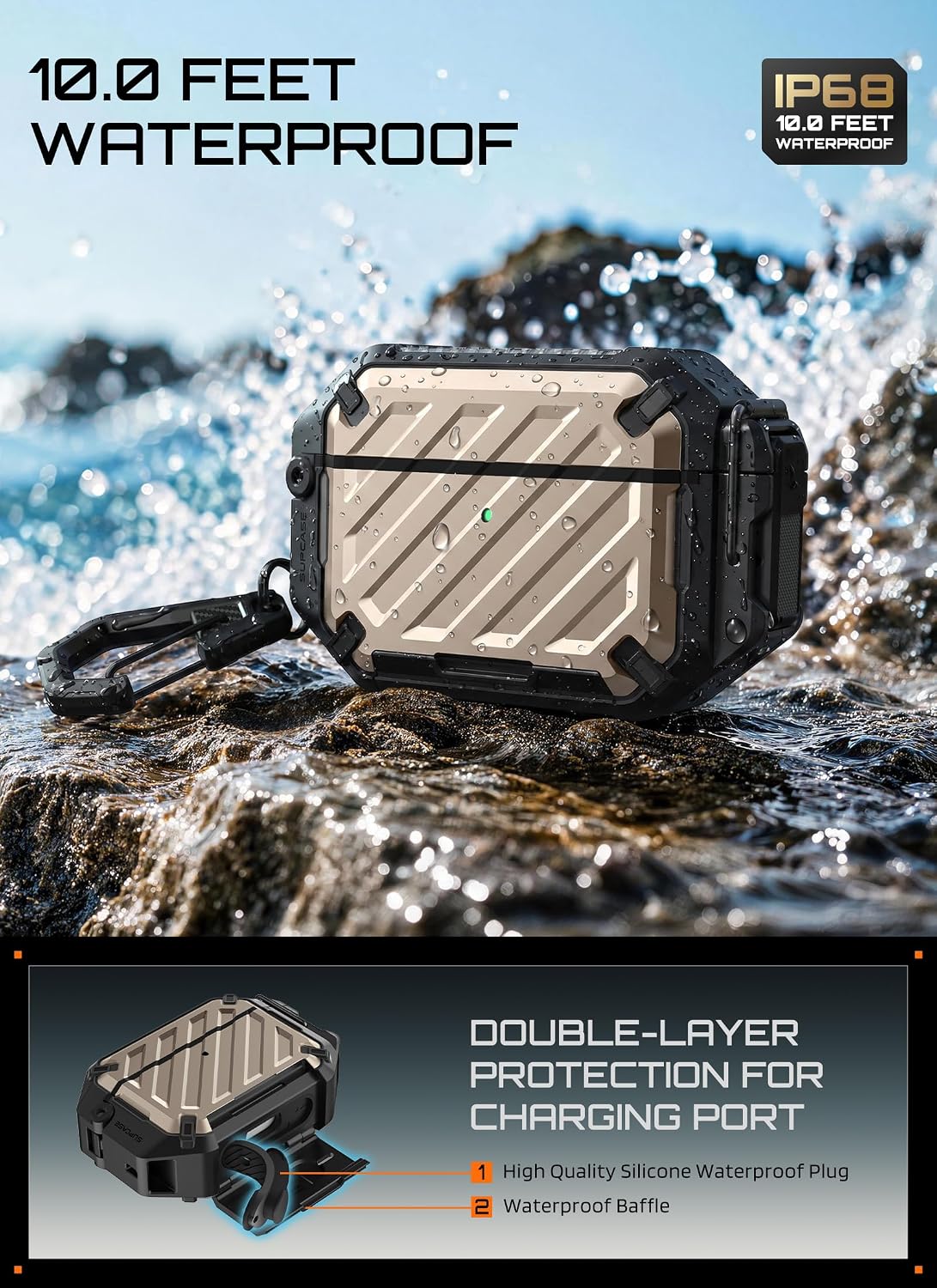 SUPCASE for AirPods Pro 3 Case with IP68 Waterproof, Lock &Carabiner,Desert