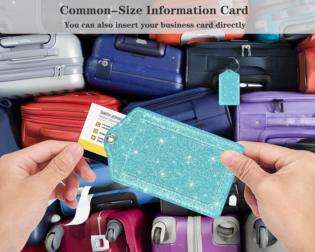 (2 Pack) Luggage Tags Glitter Leather Suitcase Tags Bag Bling Travel Tag