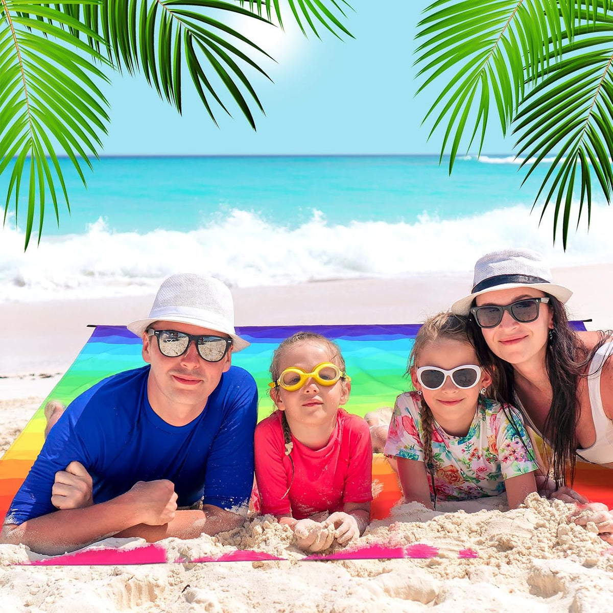 HunnmingRe 83"x 79" Rainbow Beach Blanket Large Waterproof Sandproof Beach Mat with Stakes & Pockets for 1-5 Adults, Quick Drying Outdoor Polyester Picnic Mat Accessories for Travel, Camping