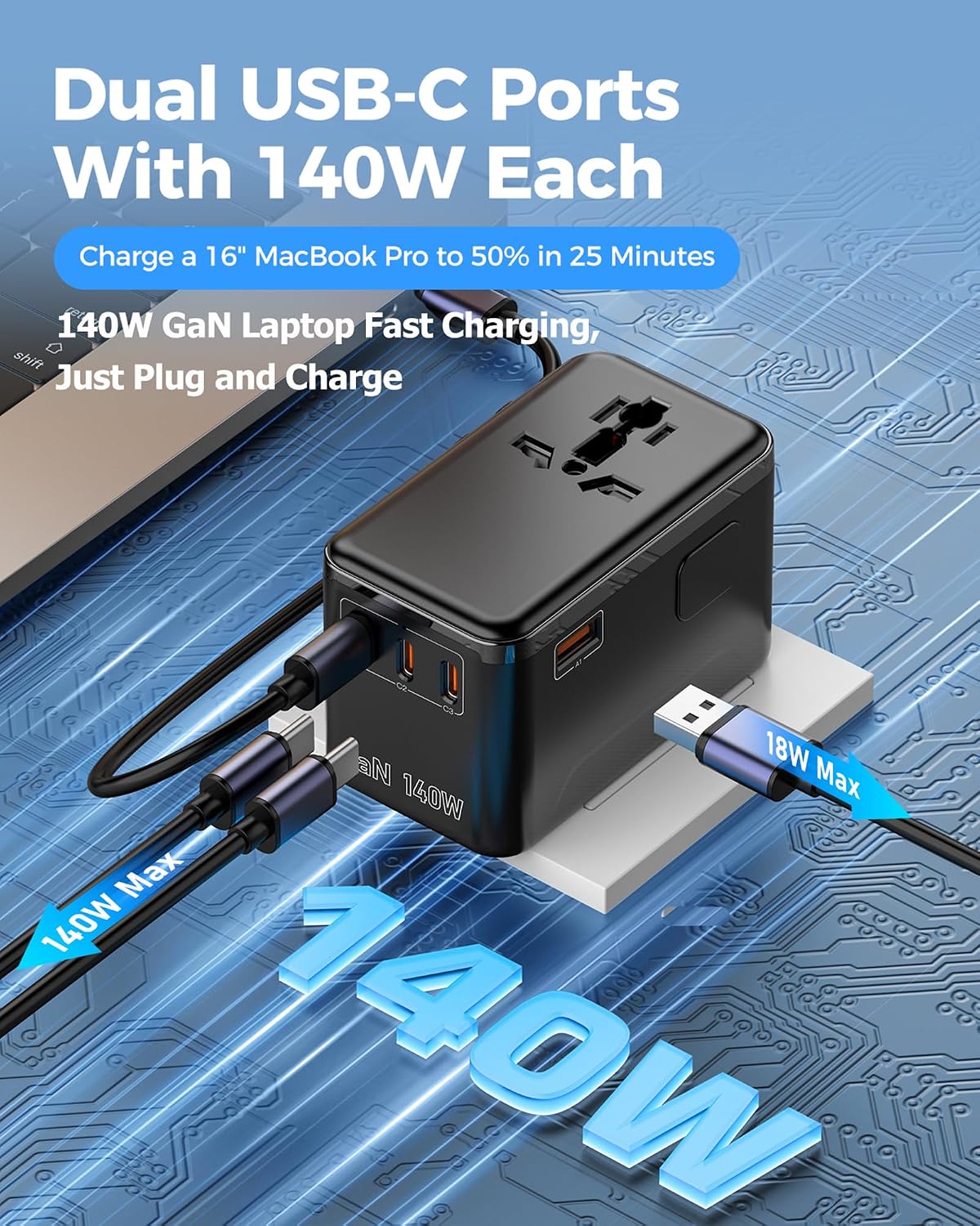 140W GaN Universal Travel Adapter, 4 USB C/A, 2500W AC, 200+ Countries