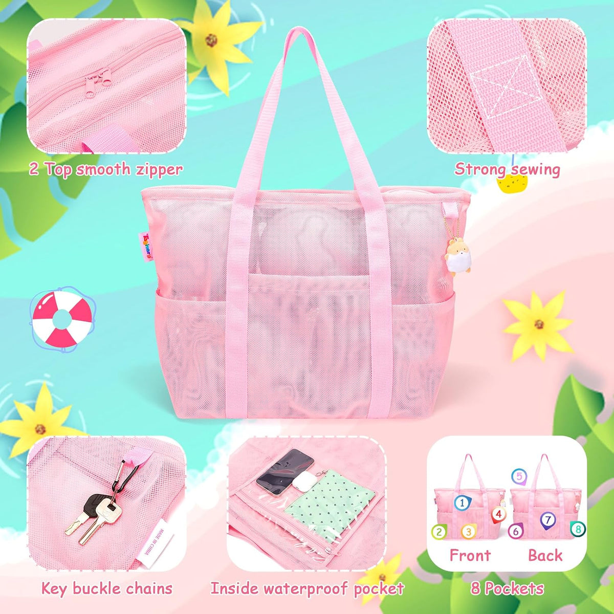 Tagitary Mesh Beach Bag with Zipper and 8 Pockets Yellow & Pink, Large Beach Tote Waterproof Sandproof for Camping Sports Pool Swim Bag Foldable Beach Accessories Storage Travel Bag