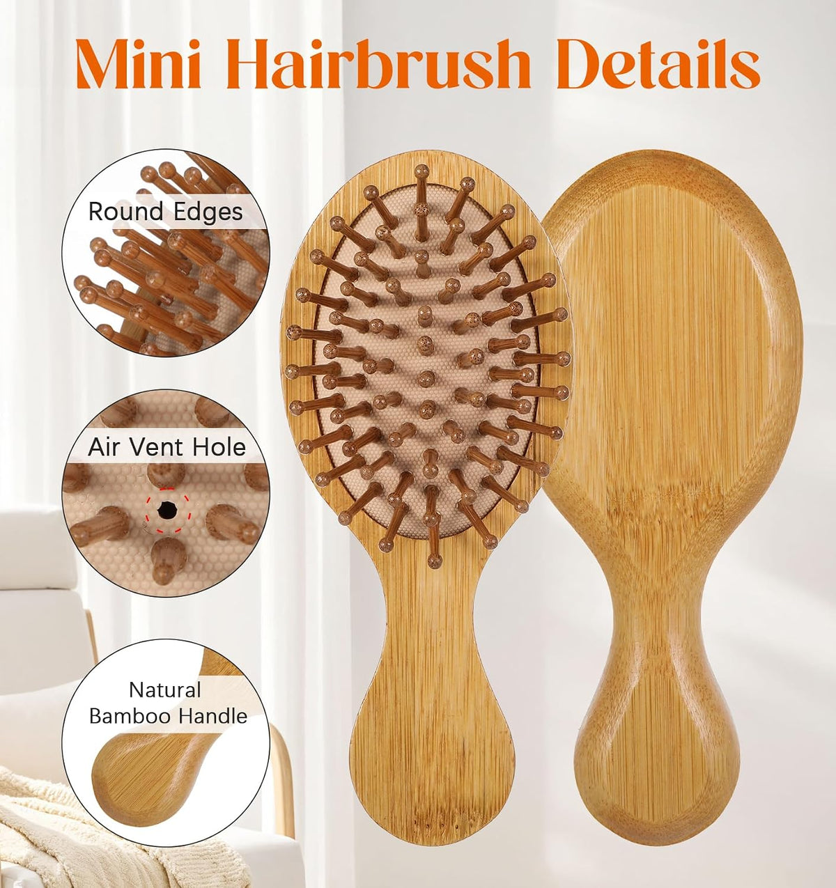 Mini Bamboo Brush, 2 PCS Bamboo Hair Brush Detangler