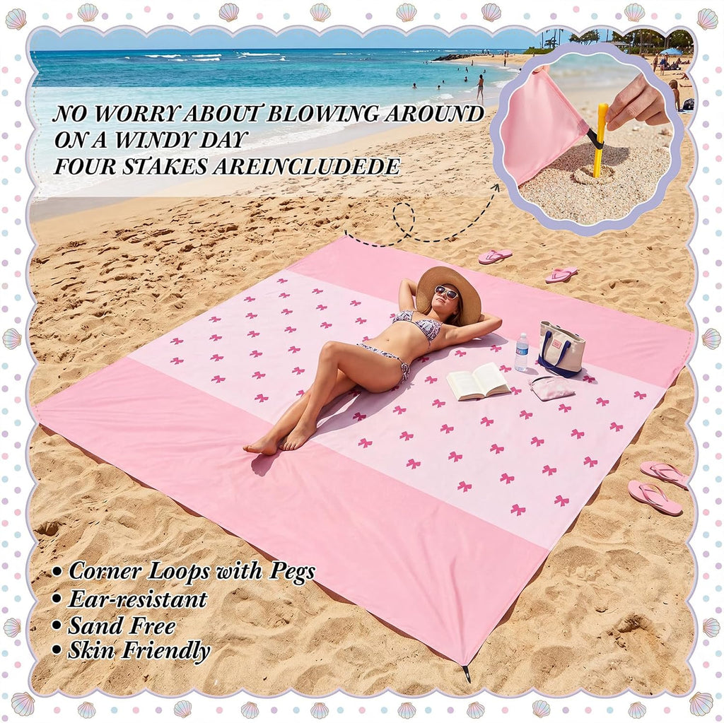 Tingjoo Beach Blanket 83"x79", Waterproof Sandproof Pink Bow with Stakes