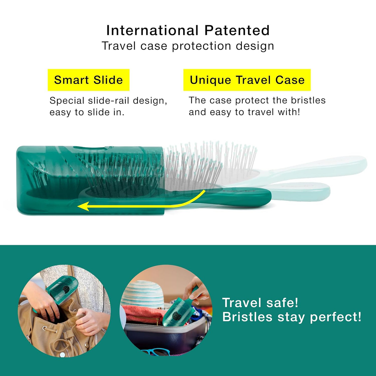 NuWay® Traveler® Patented Compact Hair Brush for Purse, Gym & Daily Carry - Gentle Detangling Brush for Wet or Dry Hair, Everyday Scalp Comfort (Emerald Green)